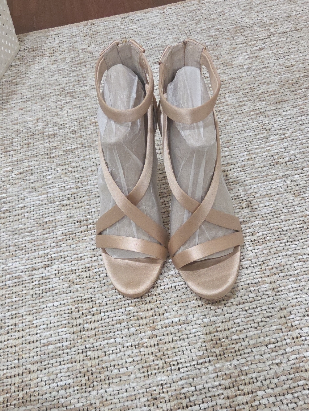 ANTONIO MELANI Satin Strappy Ankle-Wrap Sandals in Beige